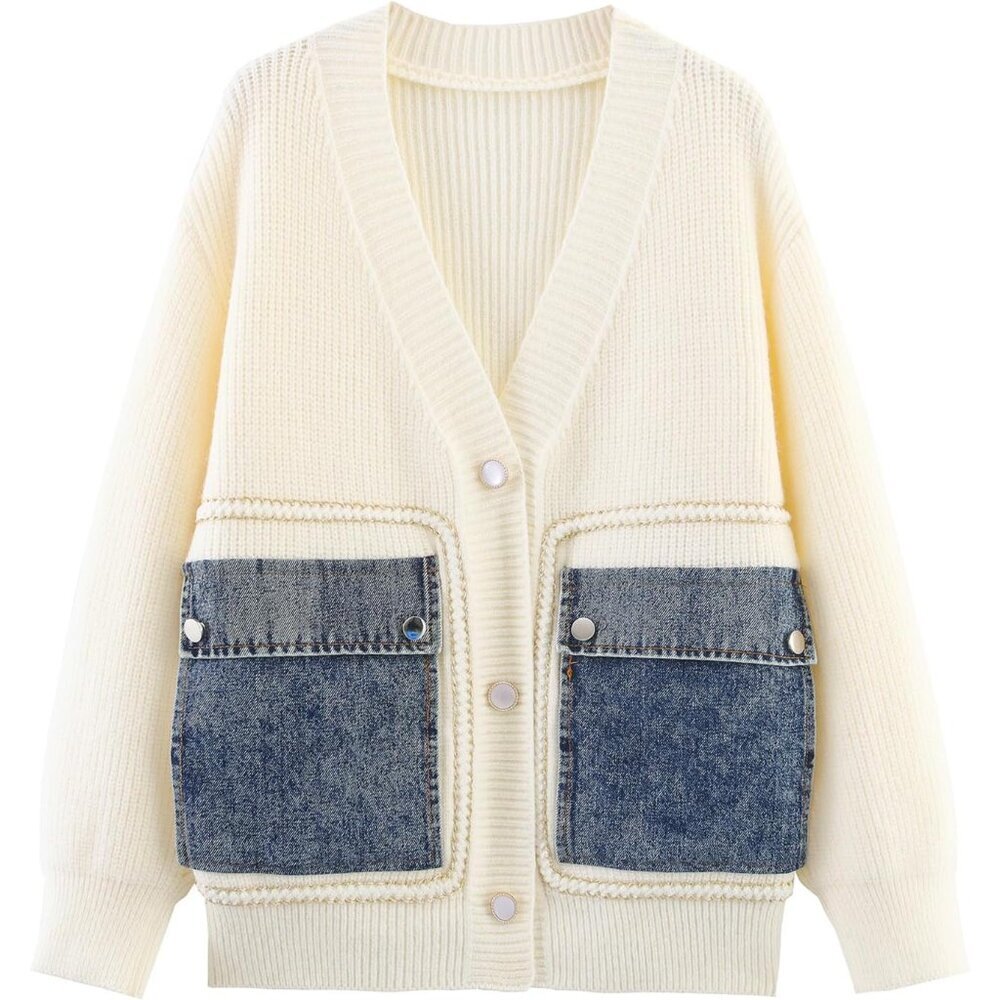 Women's Patchwork Cardigan Sweater Denim Pockets V Neck Button Front Large